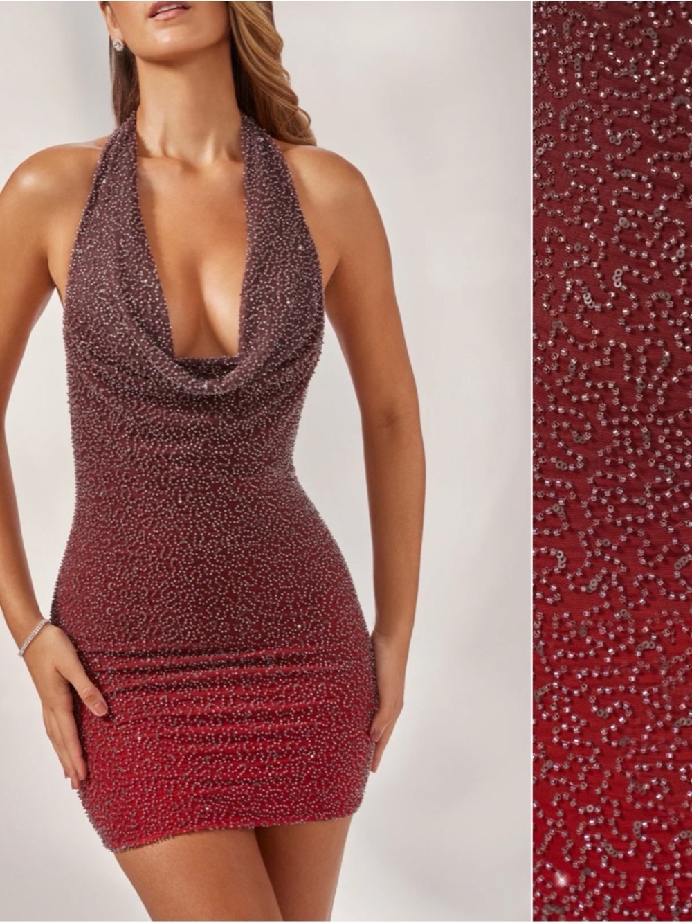 Oh Polly AMUR Ombre Sequin Cowl Neck Mini Dress - Red to Brown - Picture 4 of 7